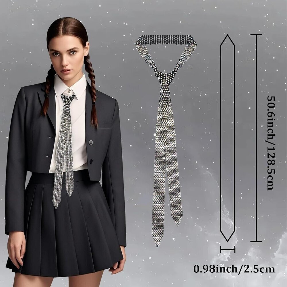 Women's Rhinestone Tie Long Skinny Black Colorful Casual Prom Wedding - Picture 5 of 7